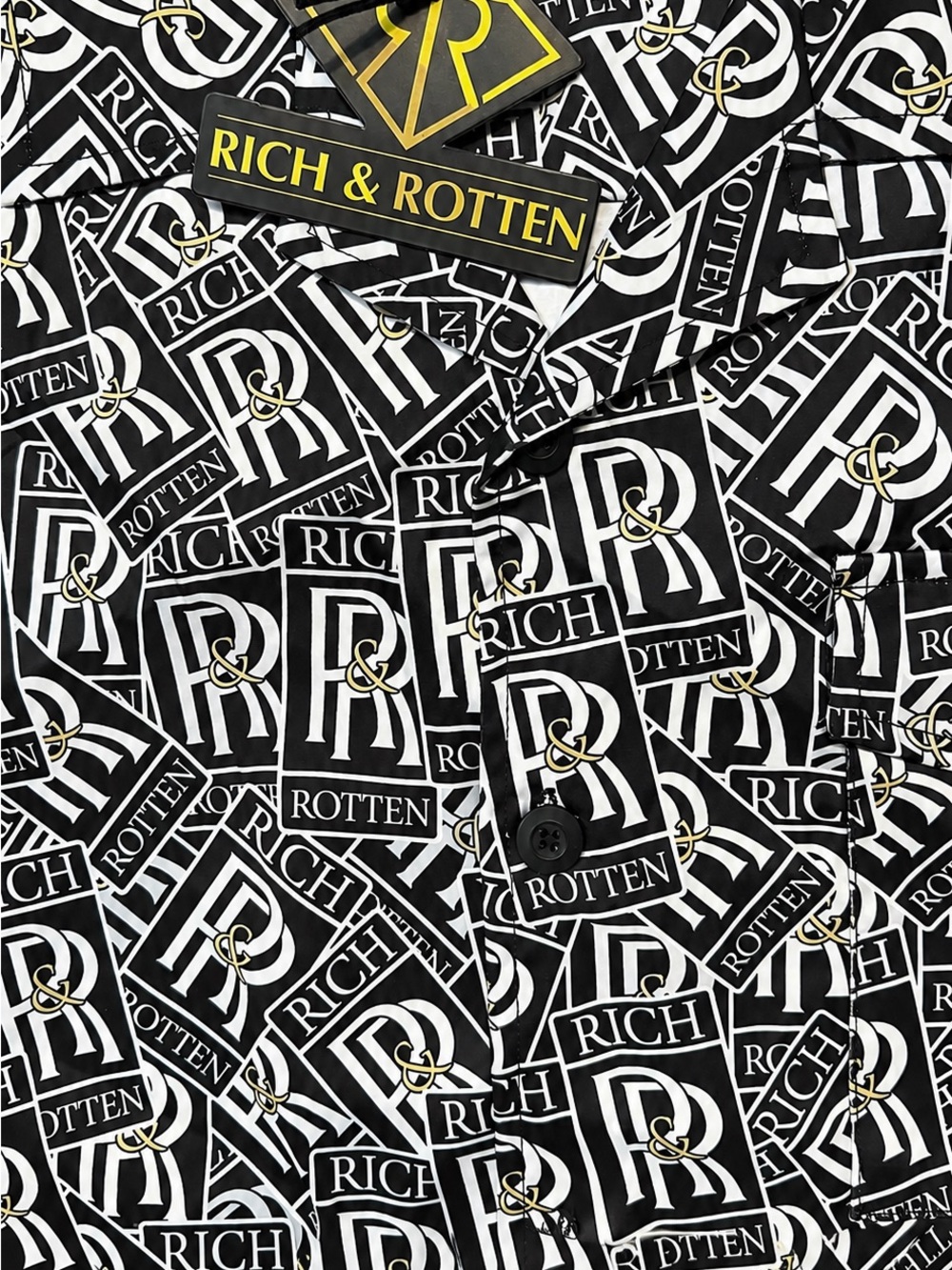 Rich & Rotten All Over Logo Button Up Shirt Black White Gold NWT